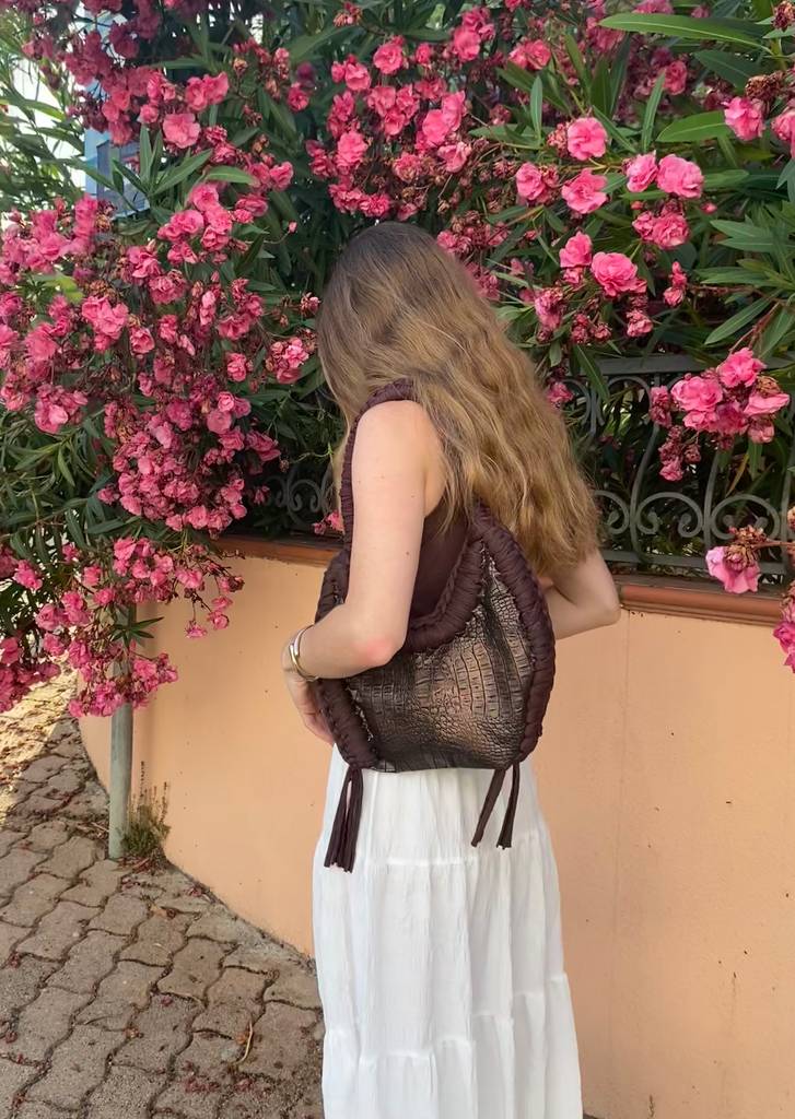 Bolso crochet trapillo serpiente marrón