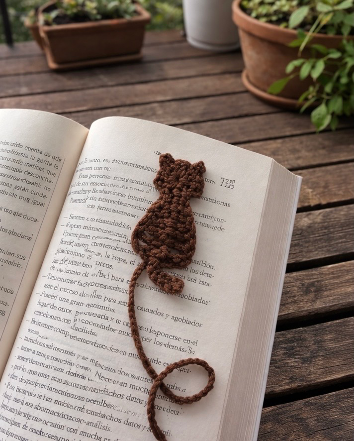 Marcapáginas crochet gato marrón
