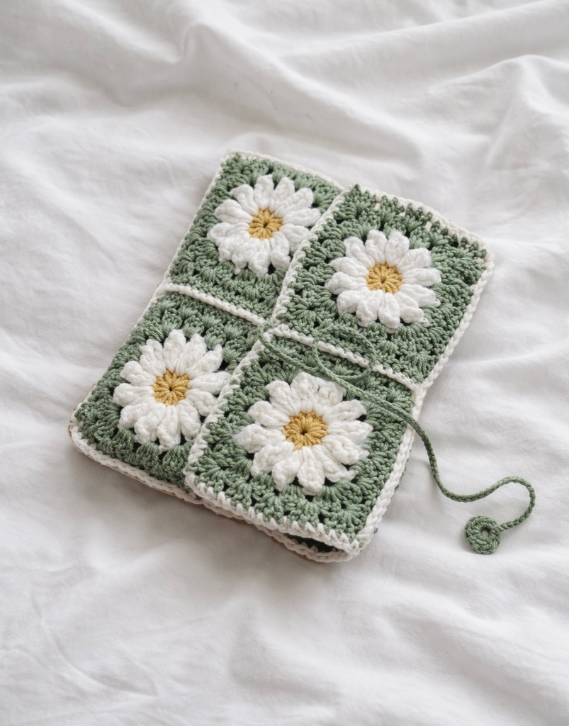 Funda crochet libro bolsillo margarita verde